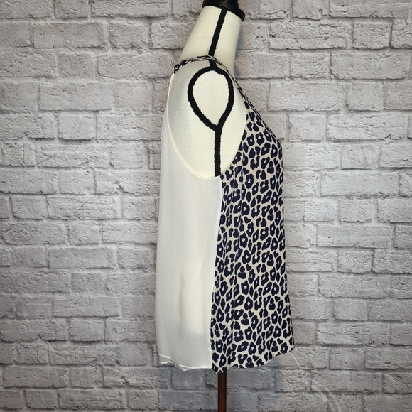 3.1 Phillip Lim tank cream navy blue leopard print front side ruffle top size 8 - Picture 6 of 13